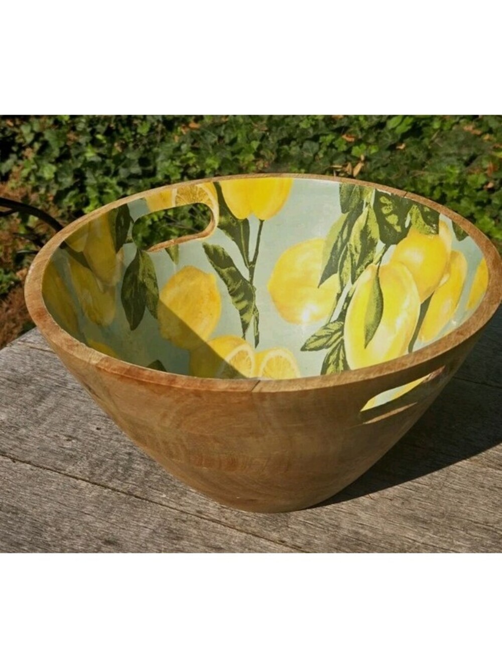 Wooden Salad Serving Bowl  Handcrafted India Lemon Lining Handle Slots 12X6.25"